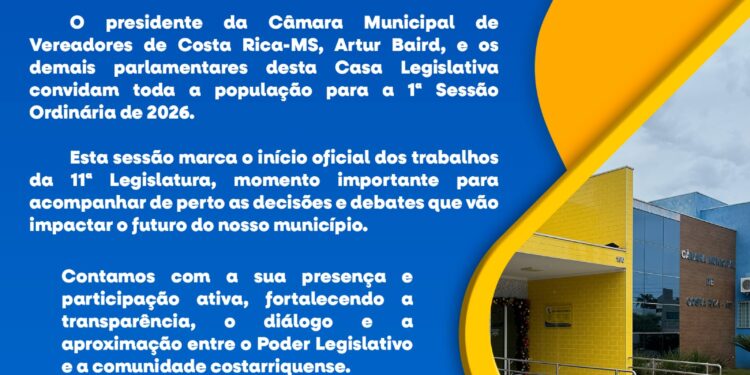 Fim do recesso: Câmara de Costa Rica realiza a 1ª sessão de 2026 nesta segunda-feira (19)