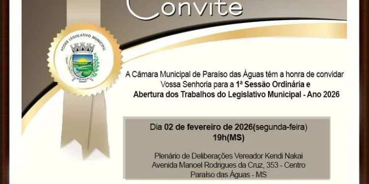 Câmara de Paraíso das Águas convida população para abertura do Ano Legislativo 2026