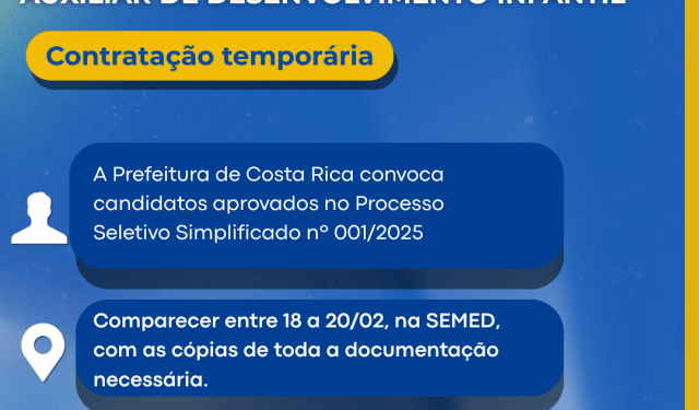 SEMED de Costa Rica convoca Auxiliares de Desenvolvimento Infantil