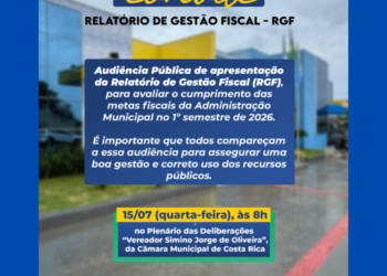 Transparência Pública: Audiência na Câmara de Costa Rica vai prestar contas e debater os gastos do município no 1º Semestre de 2026
