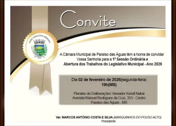 Câmara de Paraíso das Águas convida população para abertura do Ano Legislativo 2026