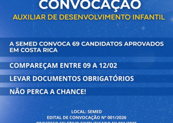 Costa Rica convoca 69 Auxiliares de Desenvolvimento Infantil; prazo para entrega de documentos acaba na quinta (12)