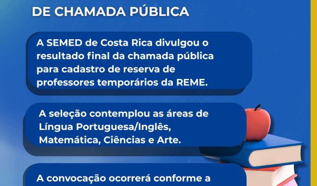 Educação em Costa Rica: SEMED homologa resultado final de Chamada Pública para professores