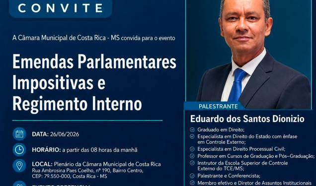 Capacitação Legislativa: Câmara de Costa Rica promove palestra com especialista do TCE-MS sobre Emendas Impositivas e Regimento Interno