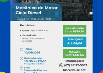 SENAI-MS está com inscrições abertas para curso de Mecânico de Motor Ciclo Diesel em Costa Rica até a segunda-feira 8