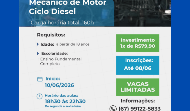 SENAI-MS está com inscrições abertas para curso de Mecânico de Motor Ciclo Diesel em Costa Rica até a segunda-feira 8