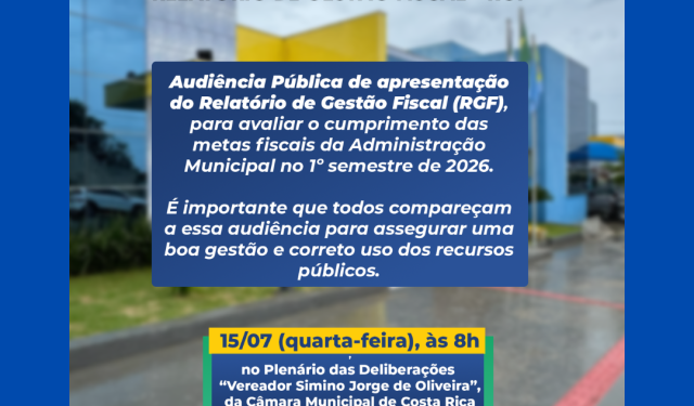 Transparência Pública: Audiência na Câmara de Costa Rica vai prestar contas e debater os gastos do município no 1º Semestre de 2026