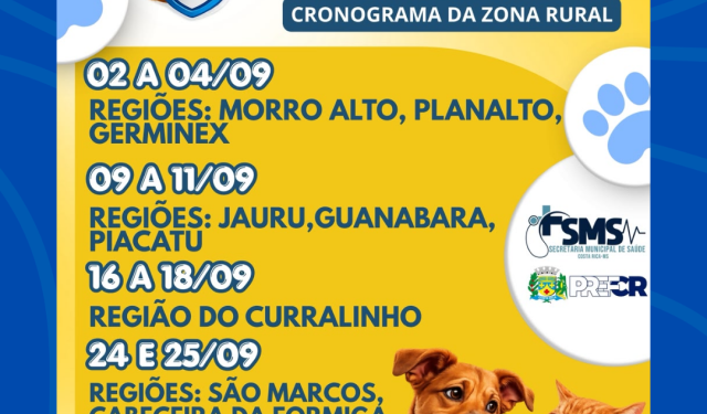 Prefeitura de Costa Rica divulga cronograma da Campanha de Vacinação Antirrábica 2026 para a zona rural e urbana