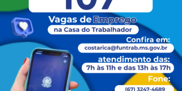 Casa do Trabalhador de Costa Rica disponibiliza 107 vagas de emprego nesta segunda-feira