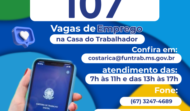 Casa do Trabalhador de Costa Rica disponibiliza 107 vagas de emprego nesta segunda-feira