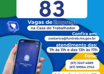 Emprego e renda: Casa do Trabalhador de Costa Rica disponibiliza 83 vagas para diversos setores nesta terça-feira