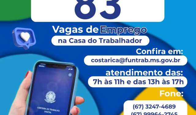 Emprego e renda: Casa do Trabalhador de Costa Rica disponibiliza 83 vagas para diversos setores nesta terça-feira