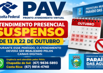 Serviços públicos: Atendimento presencial do PAV da Receita Federal em Paraíso das Águas é suspenso temporariamente