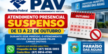 Serviços públicos: Atendimento presencial do PAV da Receita Federal em Paraíso das Águas é suspenso temporariamente
