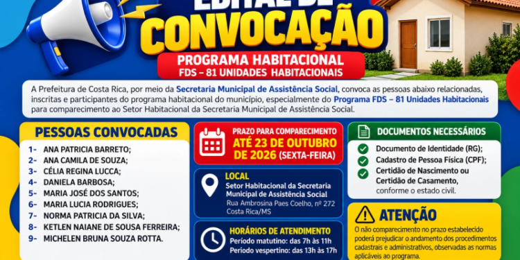 Habitação popular: Prefeitura de Costa Rica convoca inscritos do Programa FDS para atualização cadastral