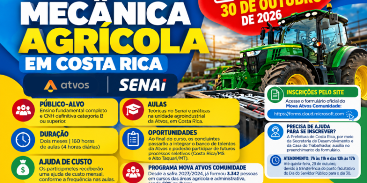 Qualificação profissional: Atvos prorroga inscrições para curso gratuito de mecânica agrícola com ajuda de custo em Costa Rica
