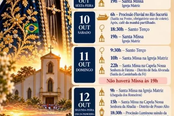 Festa de Nossa Senhora Aparecida terá celebrações, procissões e programação social em Paraíso das Águas