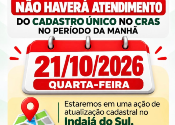Assistência Social: Atendimento do Cadastro Único no CRAS será suspenso na manhã desta quarta-feira (21) para mutirão em Indaiá do Sul